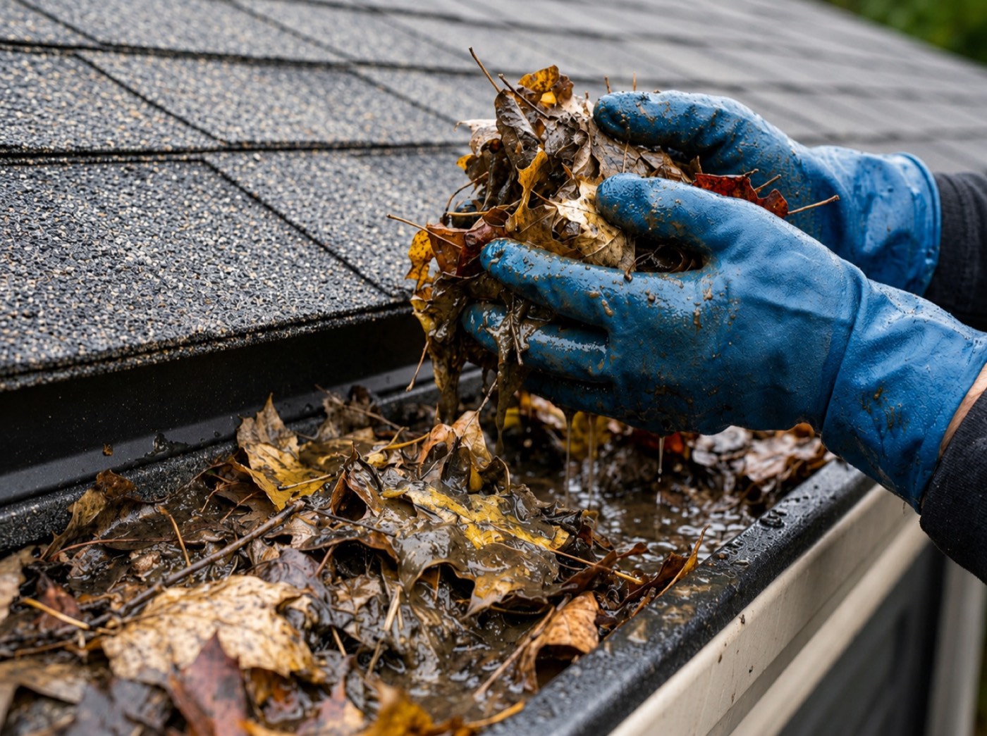 Hands removing wet leaves and debris from a clogged gutter