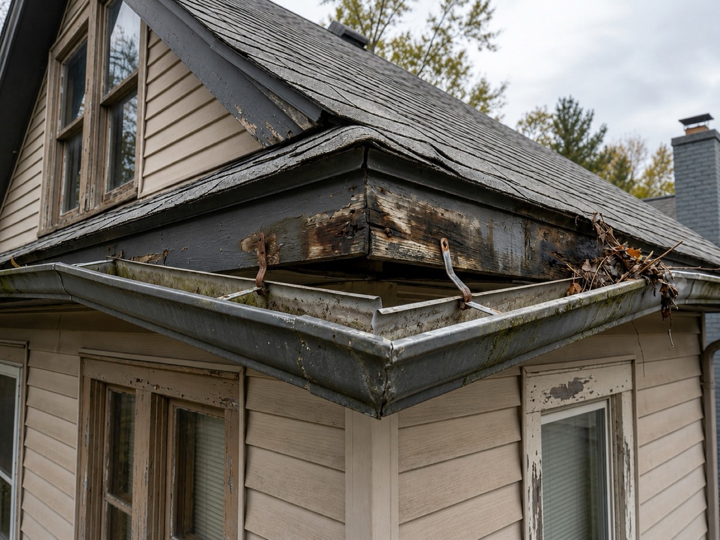 A sagging gutter section pulled away from a home's fascia in need of repair