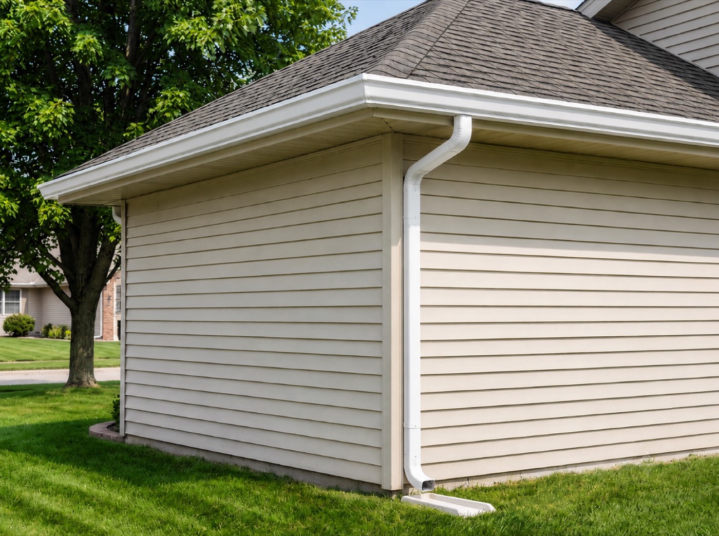 Newly installed seamless aluminum gutters along a home's roofline